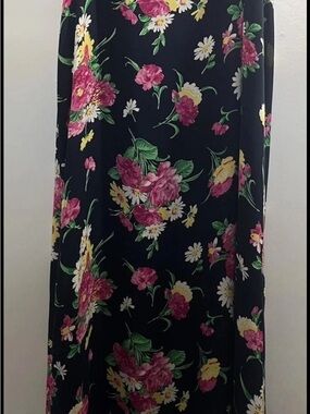 Lauren Ralph Lauren Black Maxi Skirt with Pink, Yellow & White Floral Print Y2K